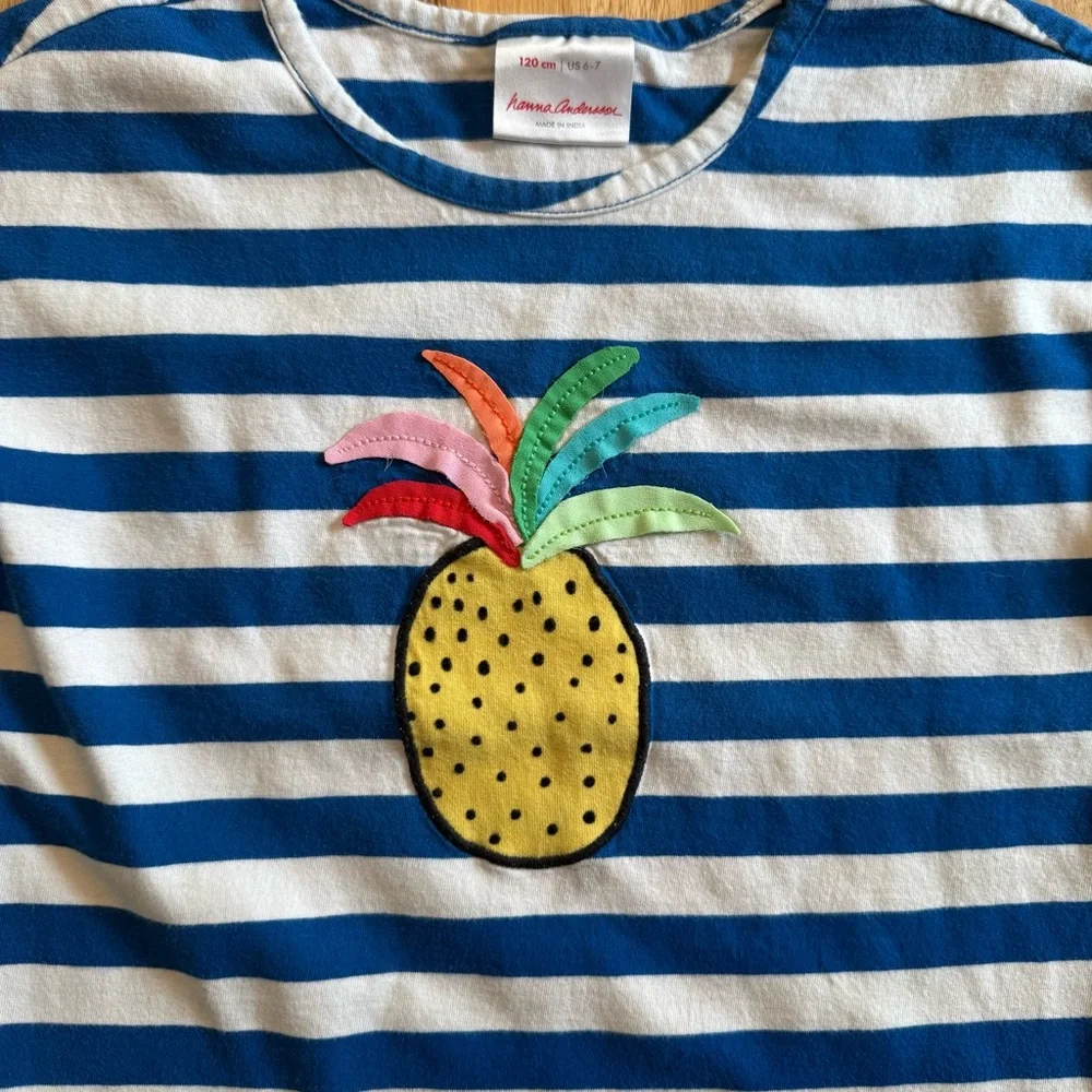 Hanna‎ Andersson Girl Blue Striped Pineapple Applique Tee Shirt Size 120 6-7